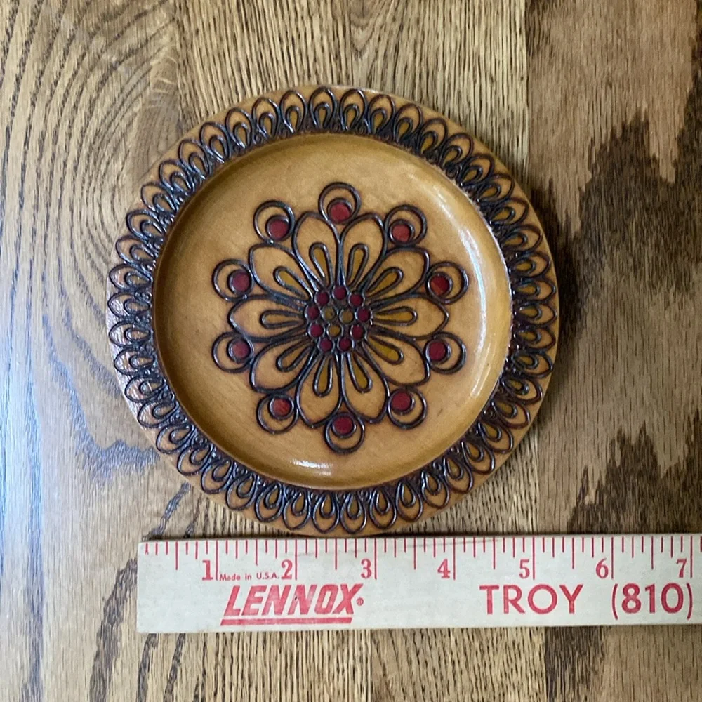 Vintage wooden inlaid Polish decorative plate Spoldzielnoa Rzemieslnicza trinket